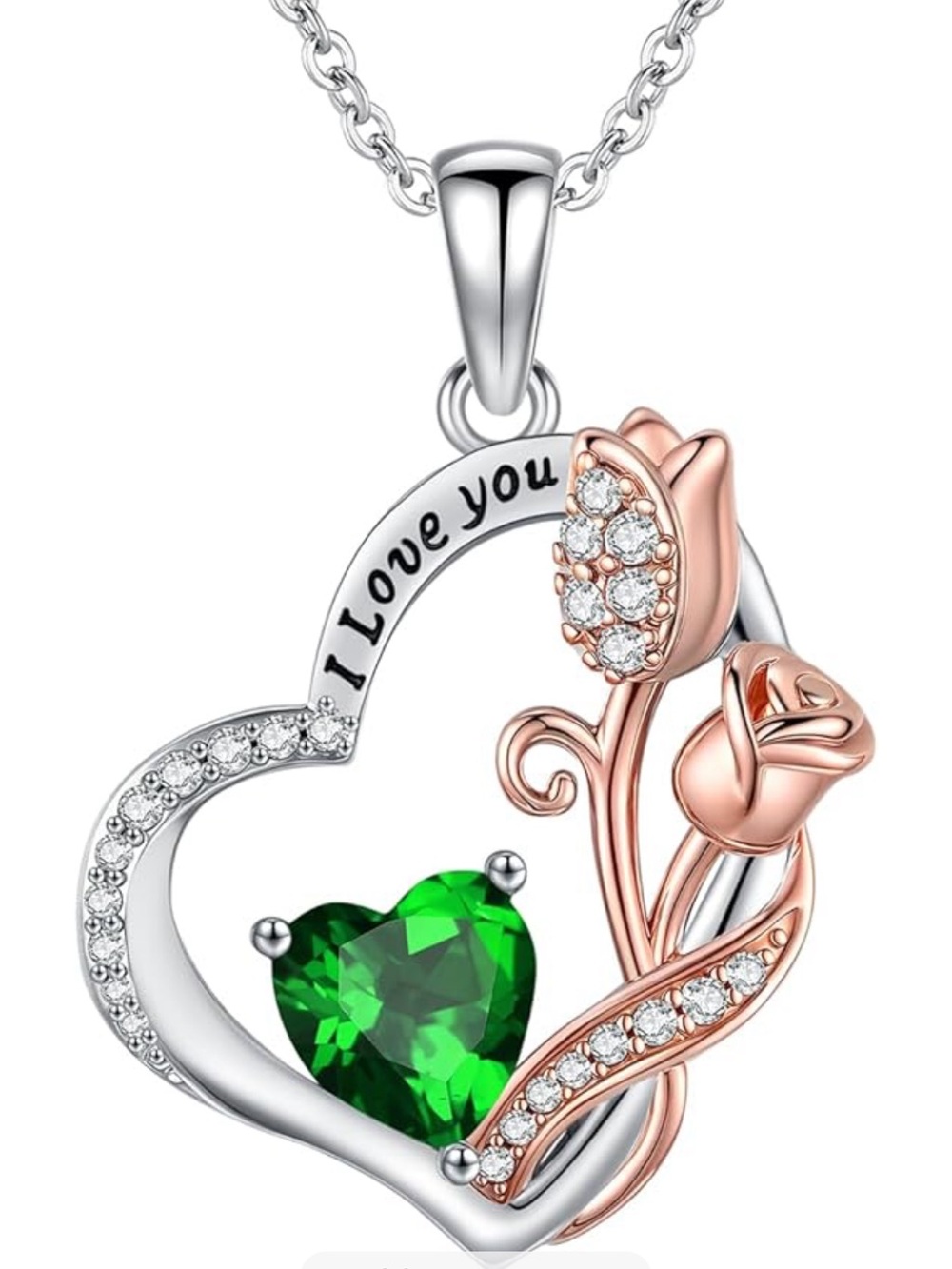 Sterling Heart Pendant Necklace with Green Heart Gem and Rose Accents